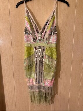 ASOS Sequin & Fringe V-Neck Mini Dress in Lime Green and Pink